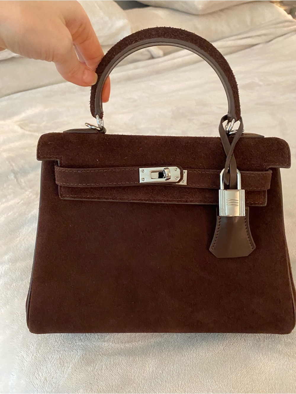 25cm dark chocolate brown suede leather top handle handbag k25